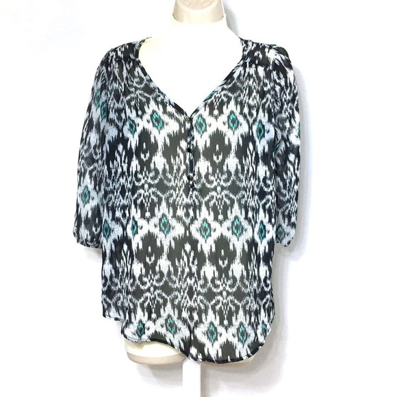 Living Doll Ikat Abstract Print Top Tunic Blouse Shirt M Black Blue White - Picture 2 of 9